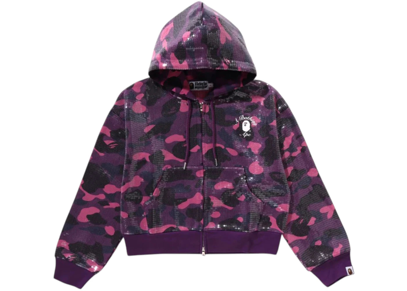 BAPE Women's Color Camo Ape Head Sequin Cropped Full Zip Hoooie Purple
