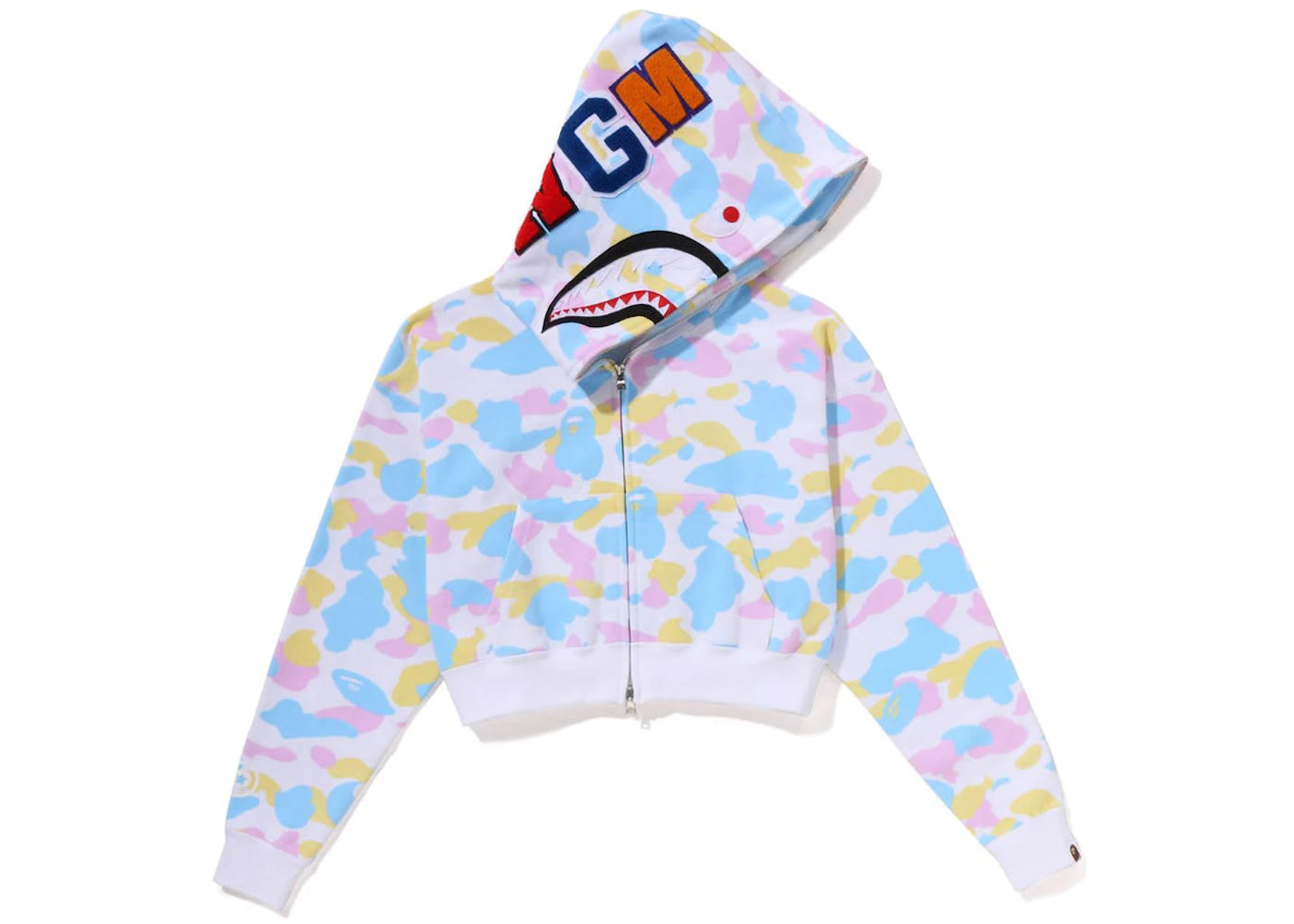 BAPE Womens New Multi Camo Cropped Shark Full Zip Hoodie White