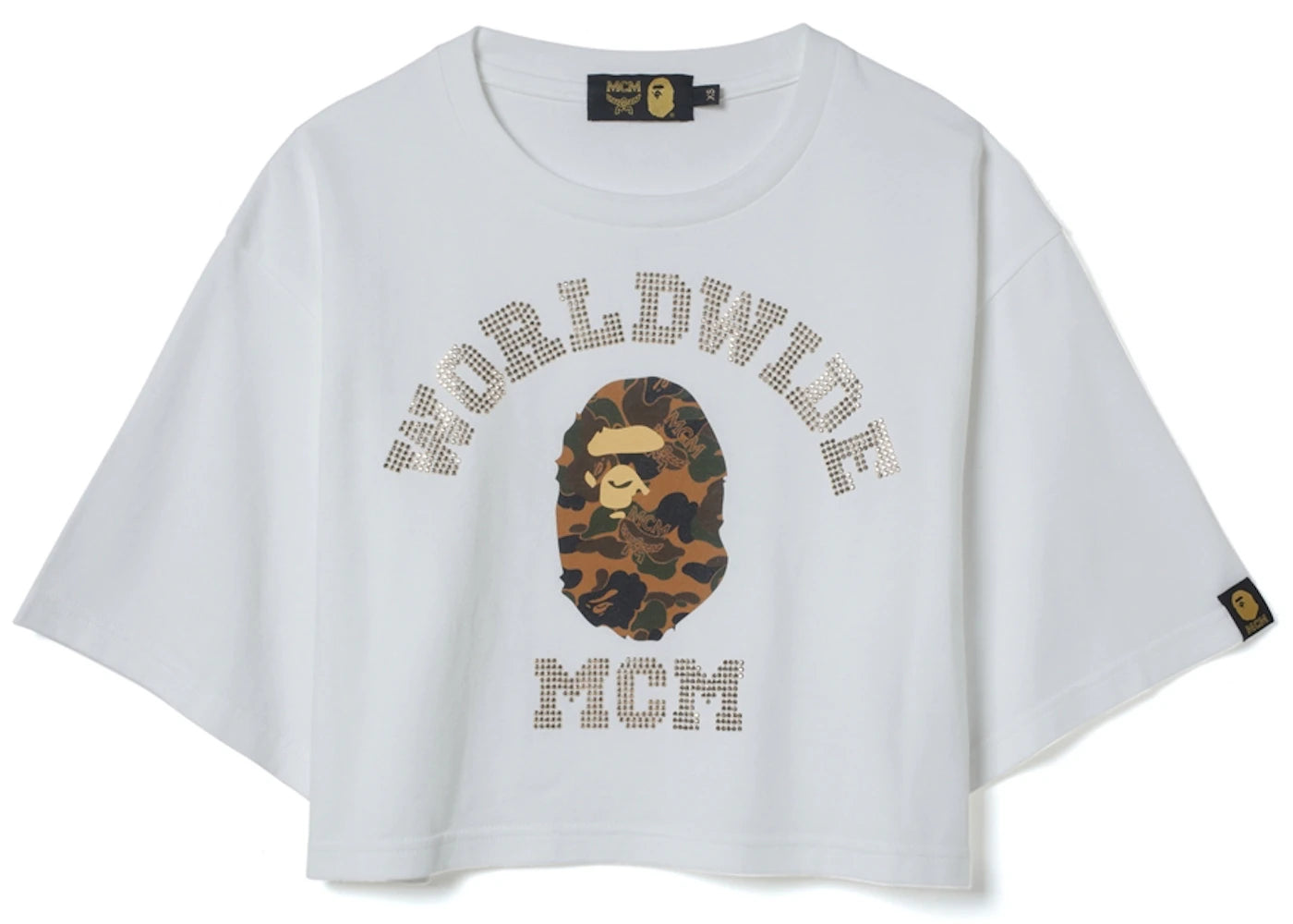 BAPE x MCM Rhinestone College Short Tee White