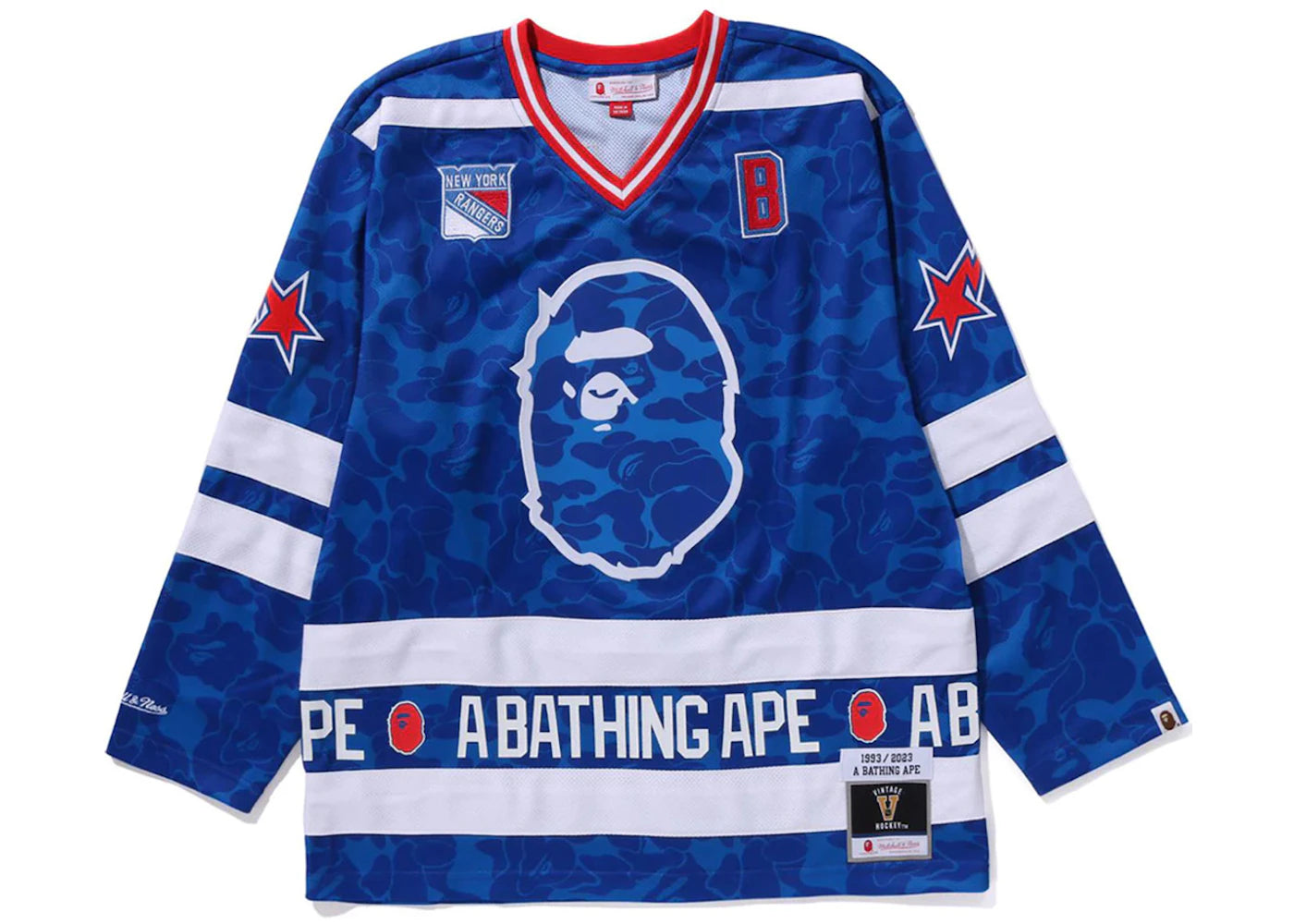BAPE x Mitchell & Ness NHL New York Rangers Mesh Hockey Jersey L/S Tee Blue