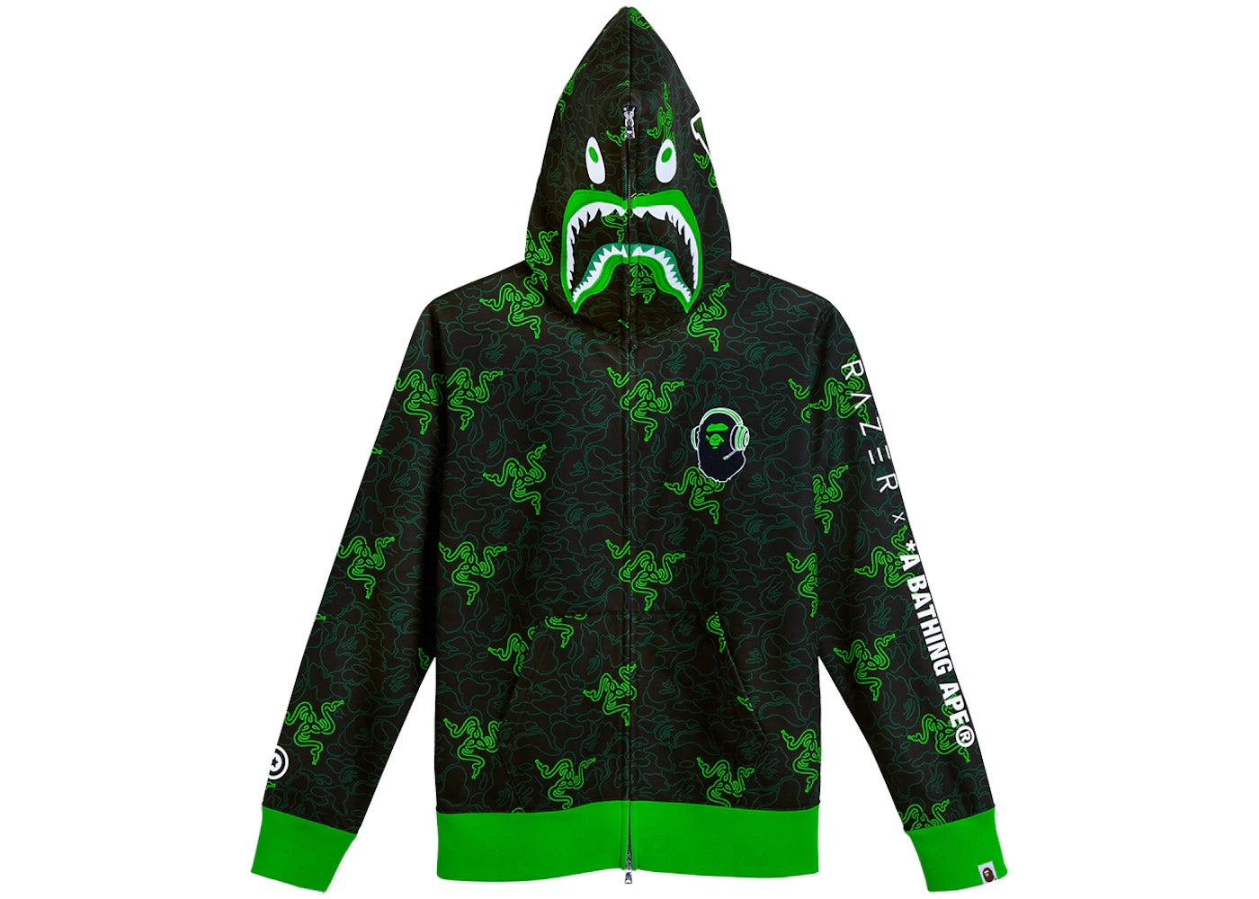 BAPE x Razer Neon Camo Shark Full Zip Hoodie Black Green