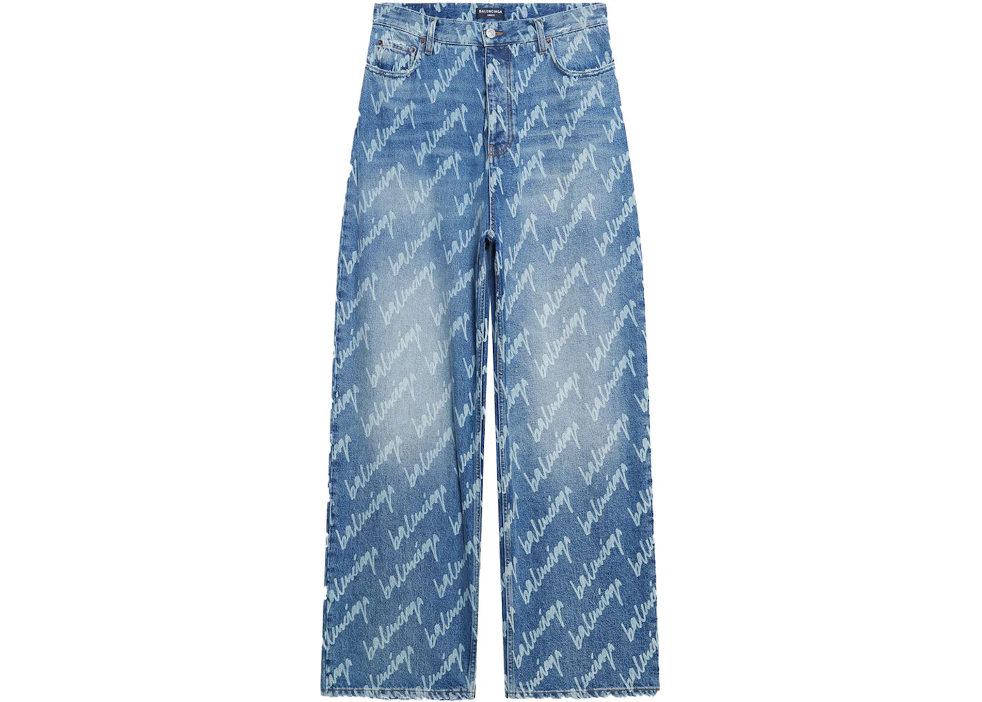 Balenciaga All Over Logo Large Fit Denim Trousers Indigo/White