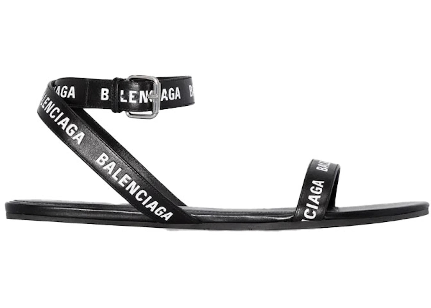 Balenciaga Black Logo Print Sandals Black Leather