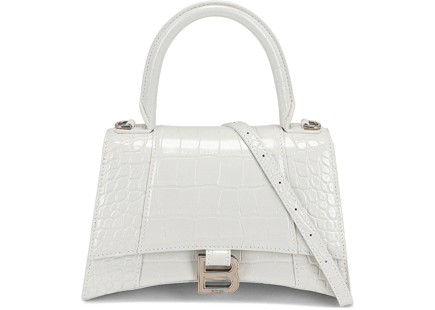 Balenciaga Crocodile Embossed Hourglass Top Handle Small White