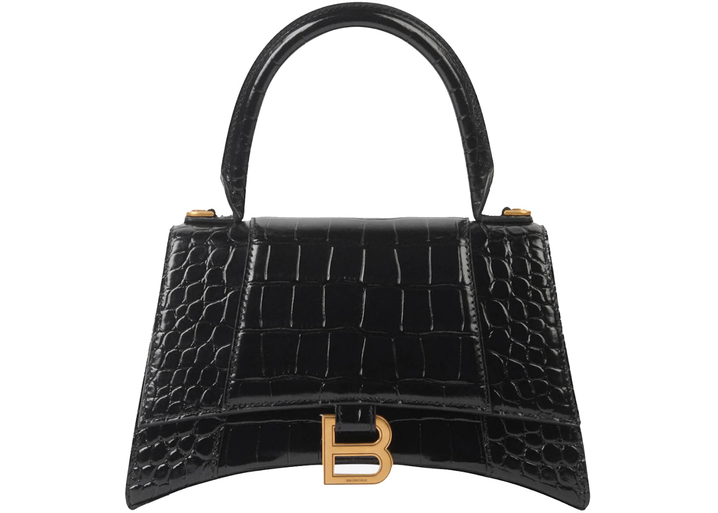 Balenciaga Hourglass Small Top Handle Bag Crocodile Embossed Black