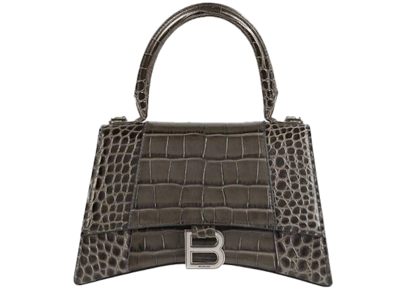 Balenciaga Hourglass Top Handle Bag Small Crocodile Embossed Dark Grey