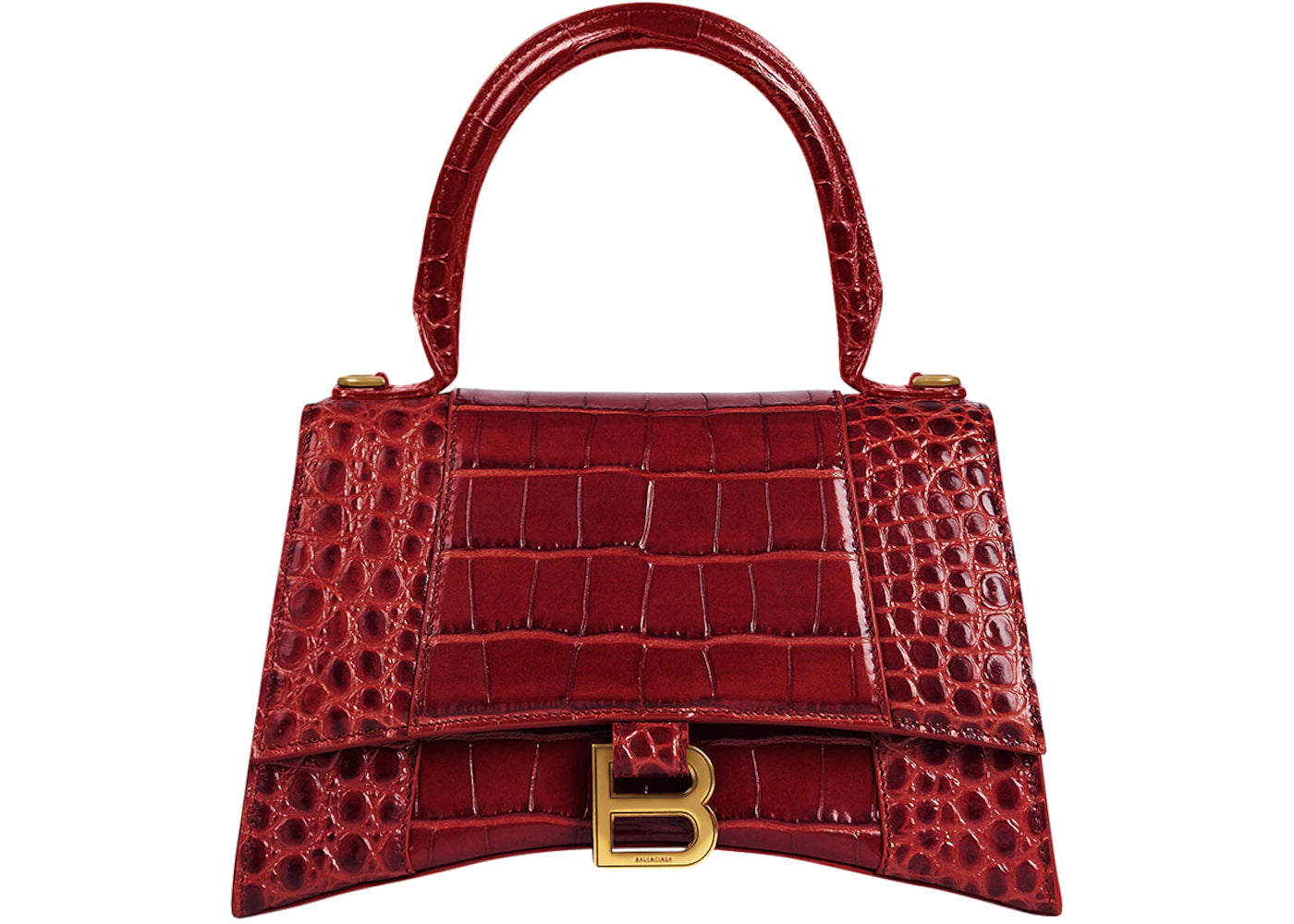 Balenciaga Hourglass Top Handle Bag Small Crocodile Embossed Dark Red