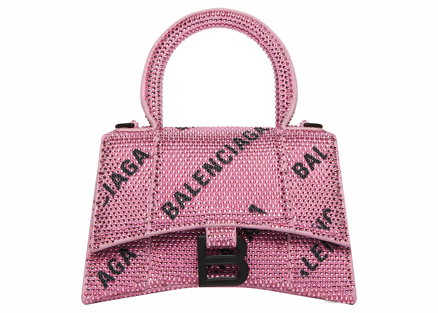 Balenciaga Hourglass XS Handbag With Chain and Allover Logo Rhinestones Pink/Black