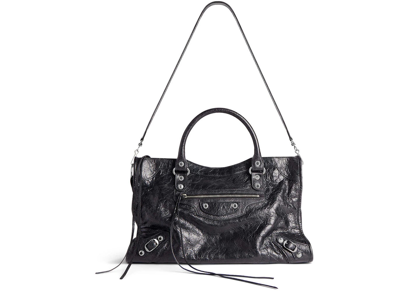 Balenciaga Le City Medium Bag In Black Arena Lambskin Shiny Silver Hardware Black (7977862AA9S1000)