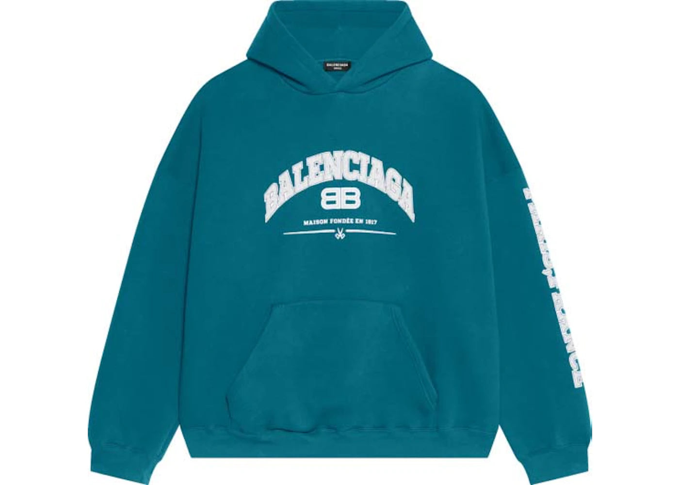 Balenciaga Logo-Print Maison Hooded Sweatshirt Petrol Blue