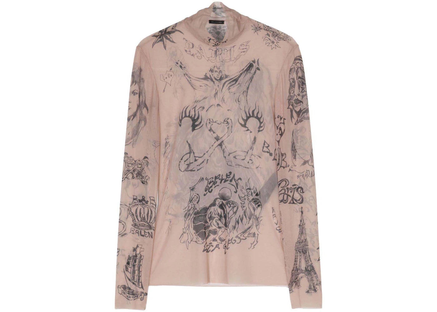 Balenciaga Tattoo-Print Mesh Top Light Beige