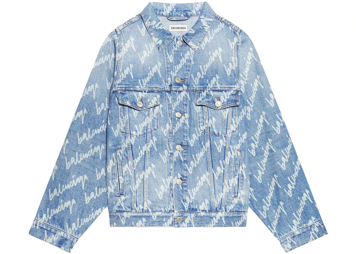 Balenciaga Womens All Over Logo Bell Sleeve Large Fit Denim Jacket Indigo/White