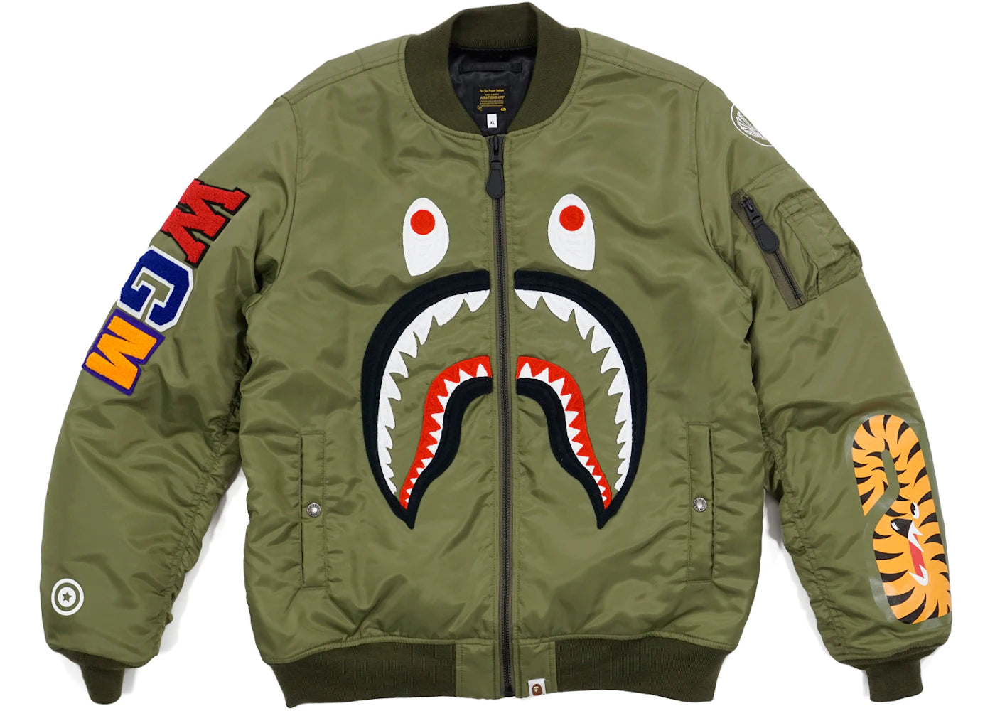 BAPE Front Facing Shark MA1 Bomber Flight Jacket Olive