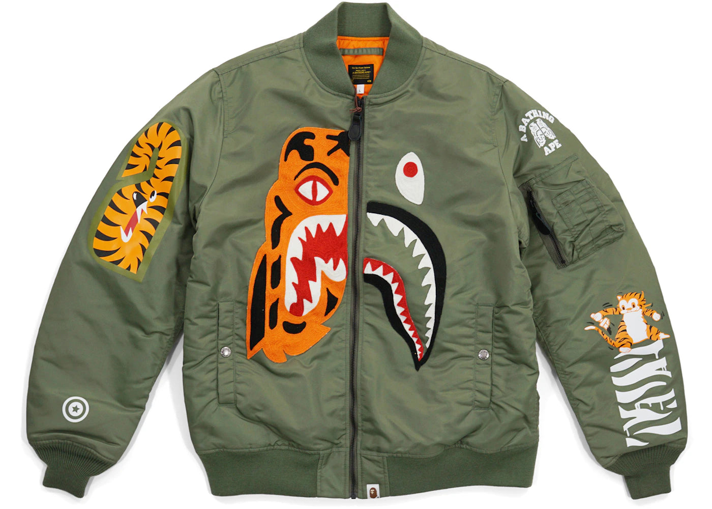 BAPE Half Shark Half Tiger Split MA1 Bomber Flight Jacket Olive