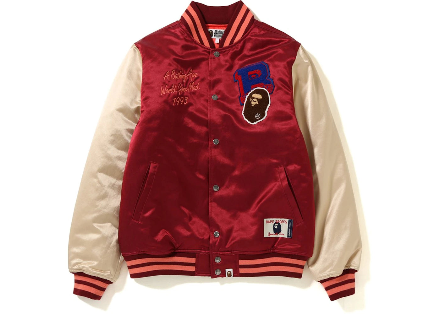 BAPE Multi Emblem Satin Varsity Jacket Burgundy