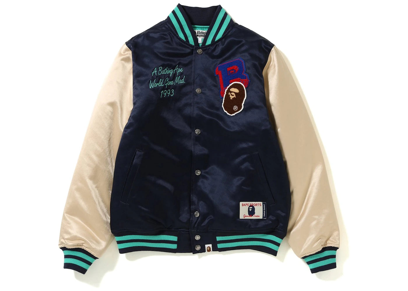 BAPE Multi Emblem Satin Varsity Jacket Navy