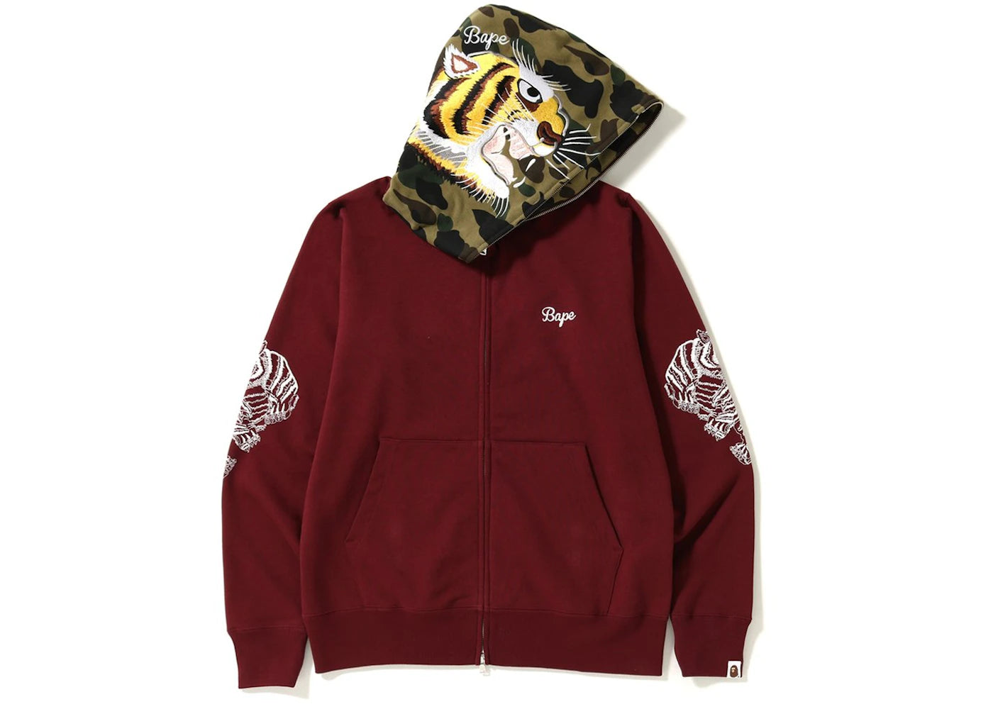 BAPE Tiger Embroidery Full Zip Hoodie Burgundy