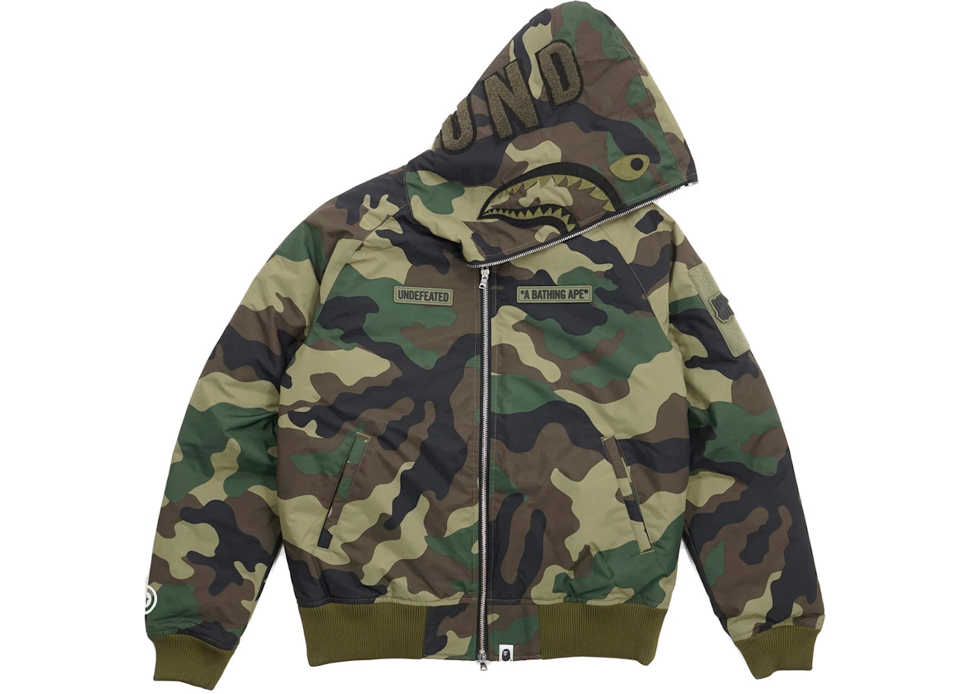 BAPE Undefeated Woodland Camo Shark Down Jacket Green