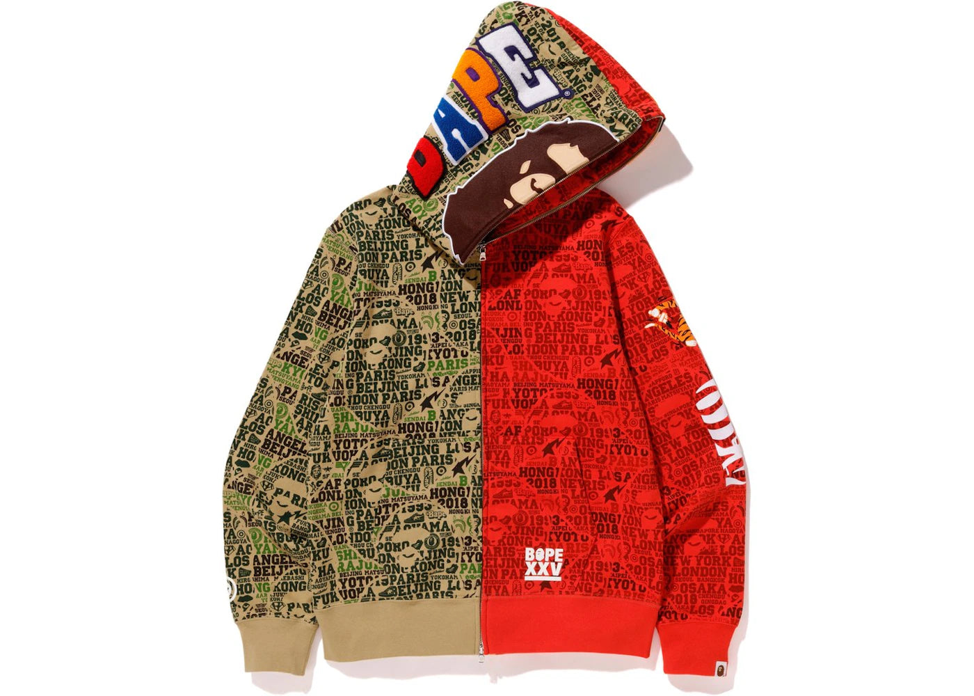 BAPE XXV Cities Camo 2nd Ape Tiger Half Full Zip Hoodie Green/Red