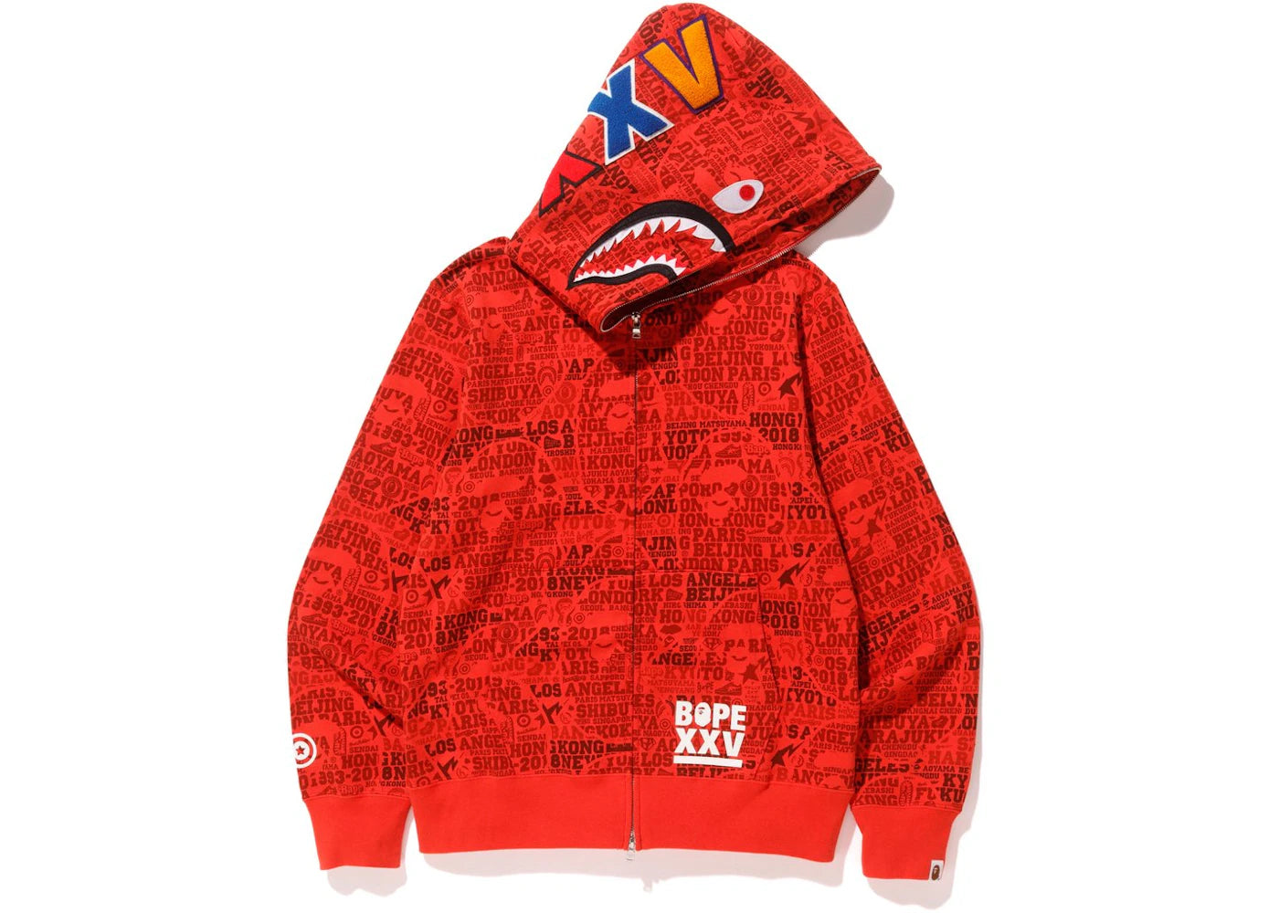 BAPE XXV Cities Camo Shark Full Zip Hoodie Red