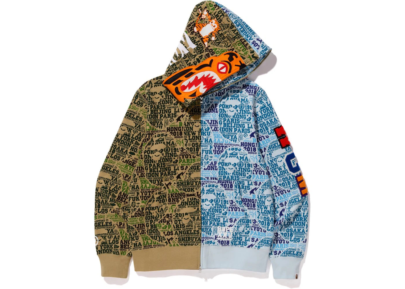 BAPE XXV Cities Camo Tiger Shark Half Full Zip Hoodie Green/Blue