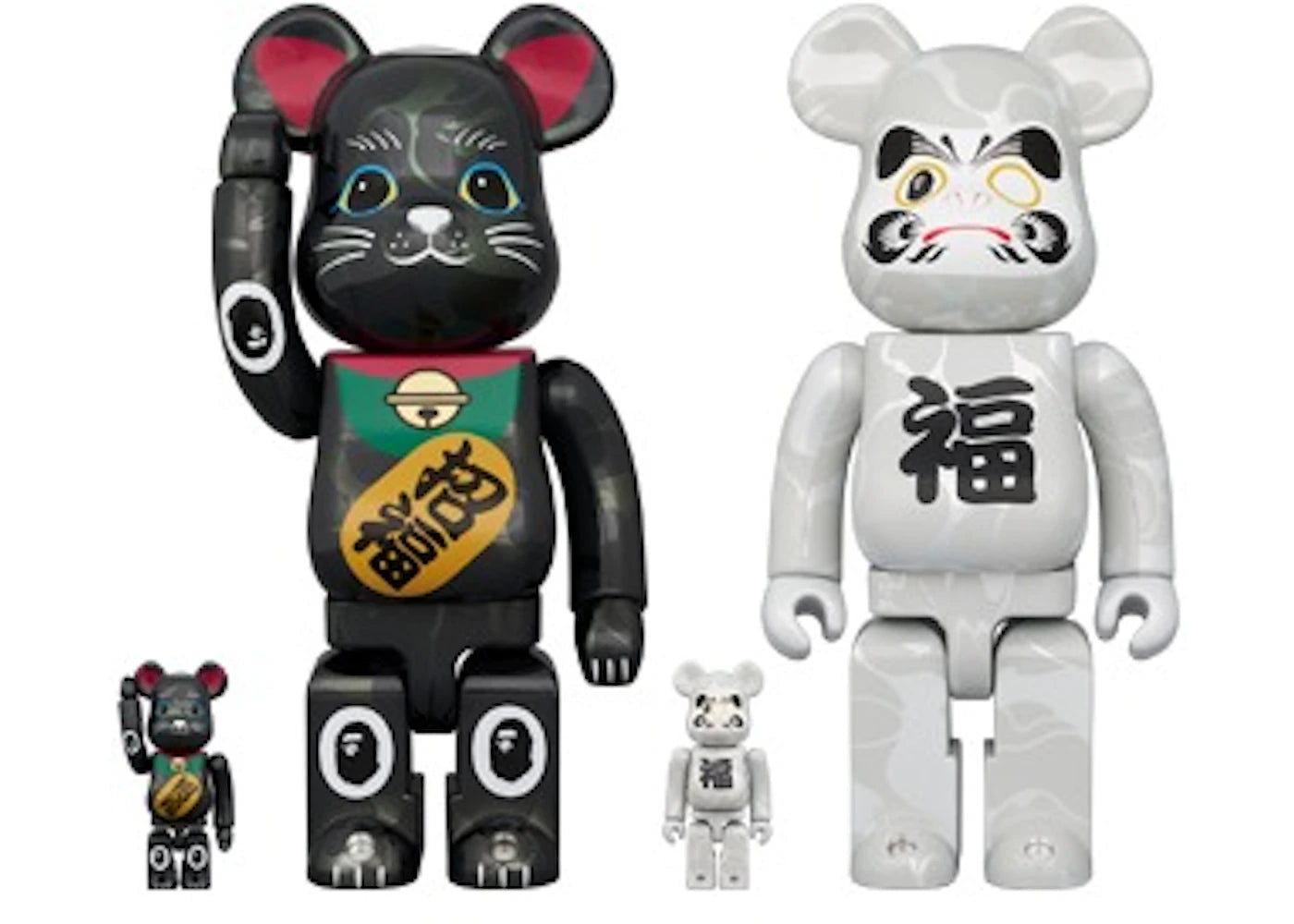 Bearbrick BAPE (R) Maneki Neko Black Plated / Daruma White (Set of 4) 100% & 400% Set