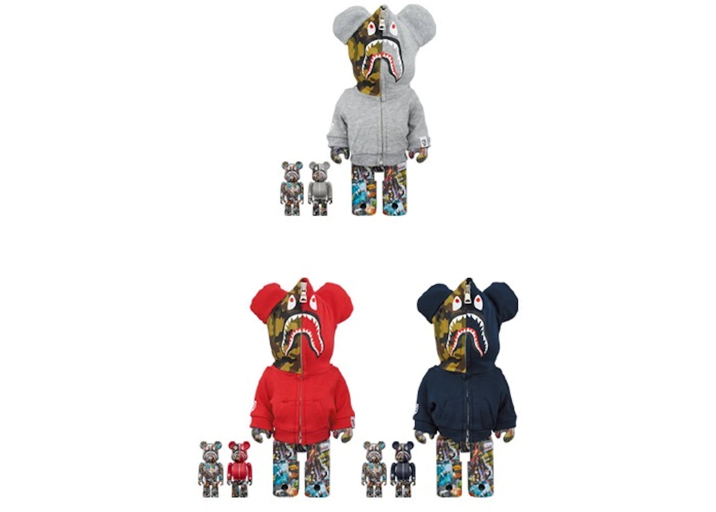Bearbrick Bape Legacy Camo Shark 3 PC Set 100% & 400% Set Grey/Red/Navy