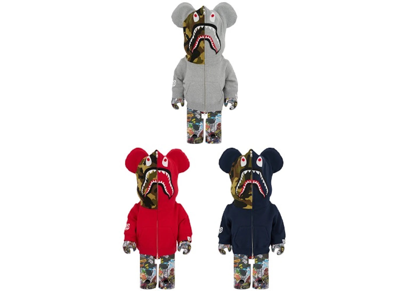 Bearbrick Bape Legacy Camo Shark 3 PC Set 1000% Grey/Red/Navy