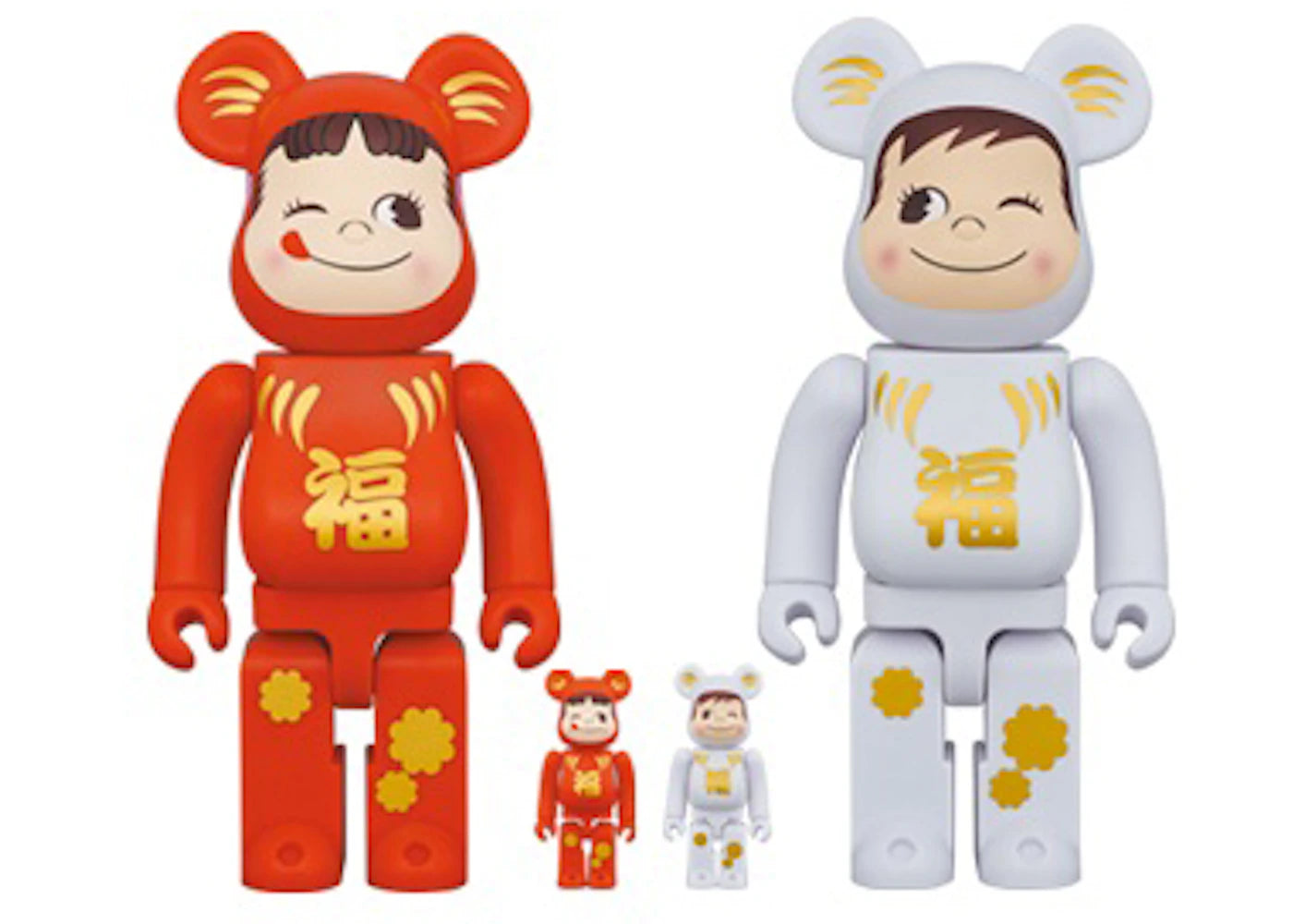 Bearbrick Daruma Peko-chan & Poco-chan 100% & 400% Set of 4 Red/White