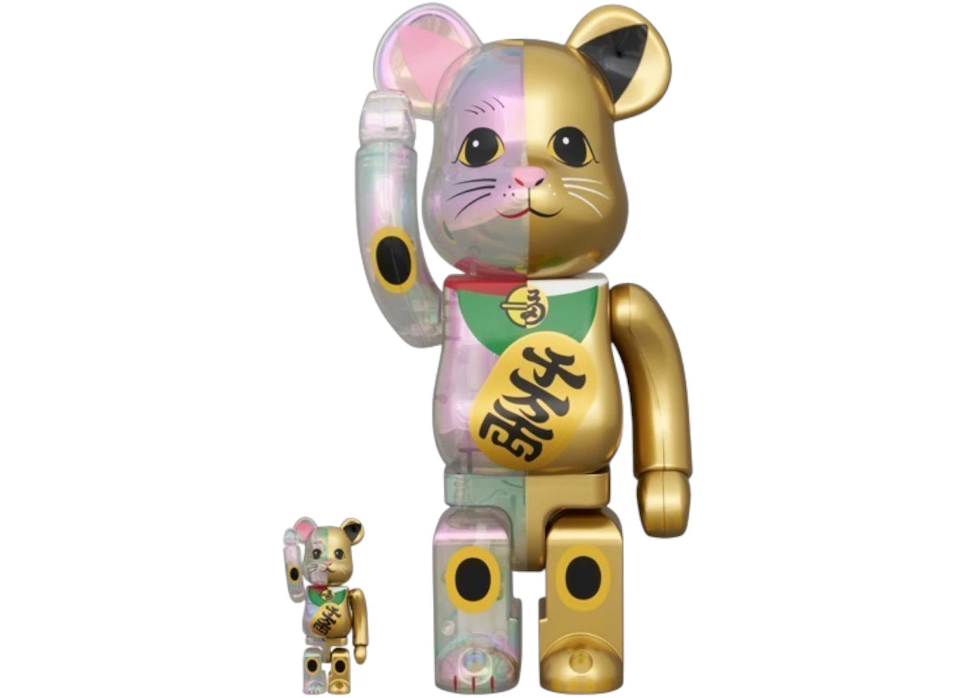 Bearbrick Medicom Maneki Neko Clear Plated x Gold Paint Ten Man Ryo 100% & 400% Set
