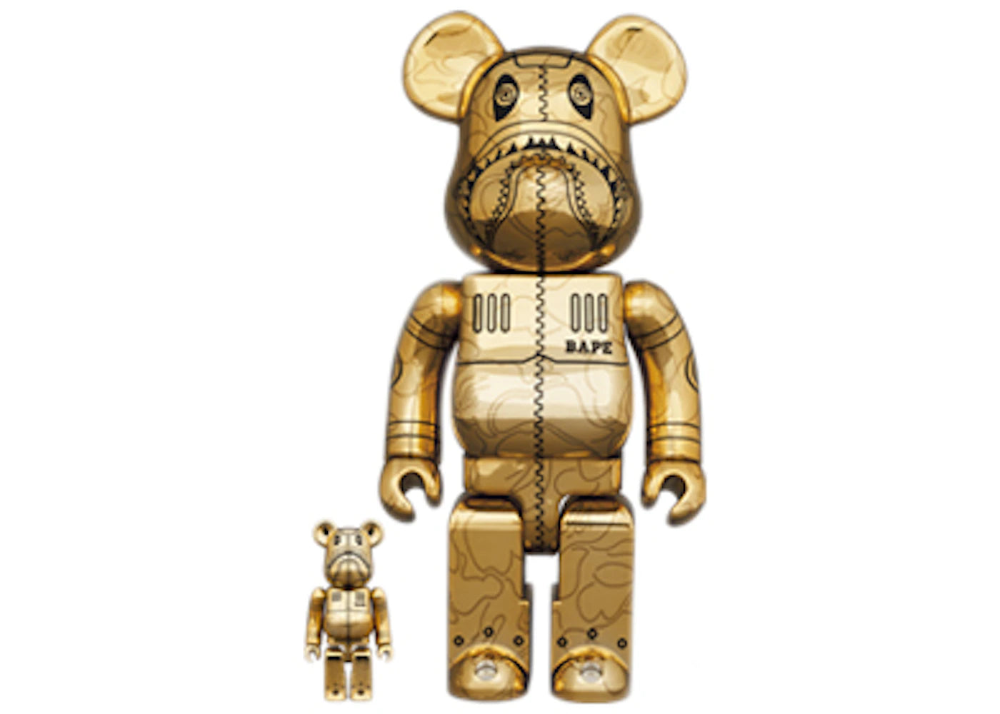 Bearbrick x BAPE x Hajime Sorayama Camo Shark 100% & 400% Set Gold