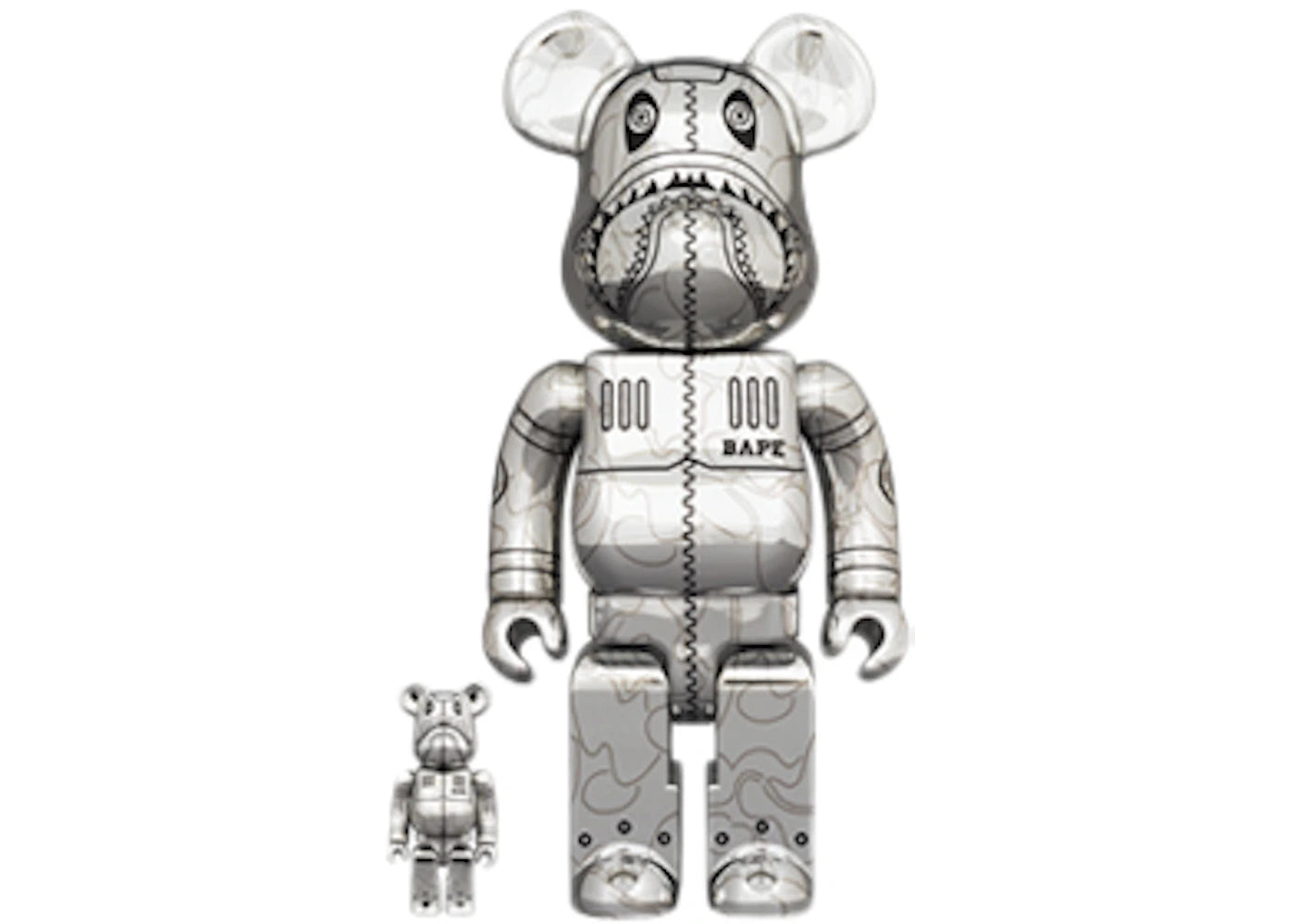 Bearbrick x BAPE x Hajime Sorayama Camo Shark 100% & 400% Set Silver