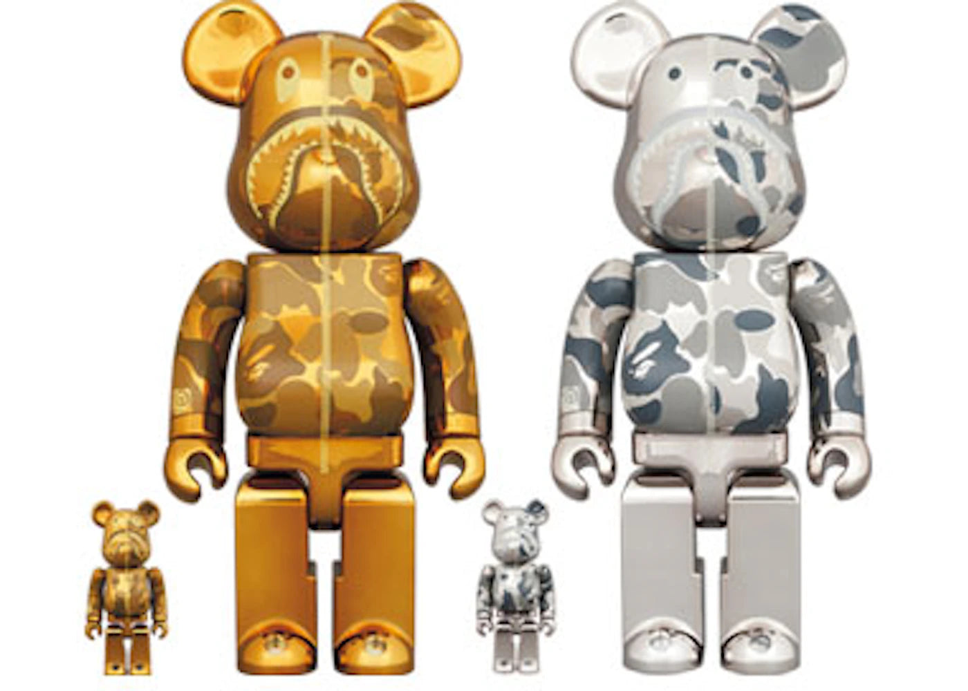 Bearbrick x BAPE Camo Shark 100% & 400% 4-Pc Set Gold/Silver