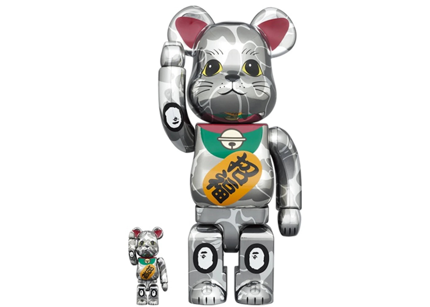 Bearbrick x BAPE Maneki Neko 100% & 400% Set Silver Plated