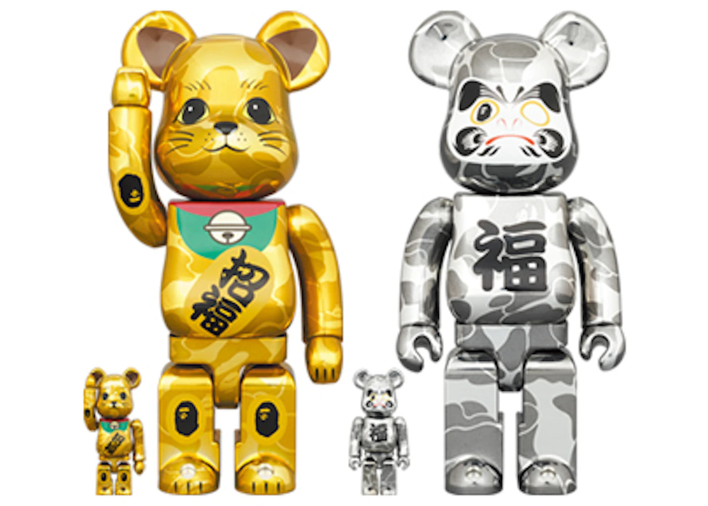 Bearbrick x BAPE Maneki Neko & Daruma 100% & 400% 4-Pc Set Gold & Silver Plated