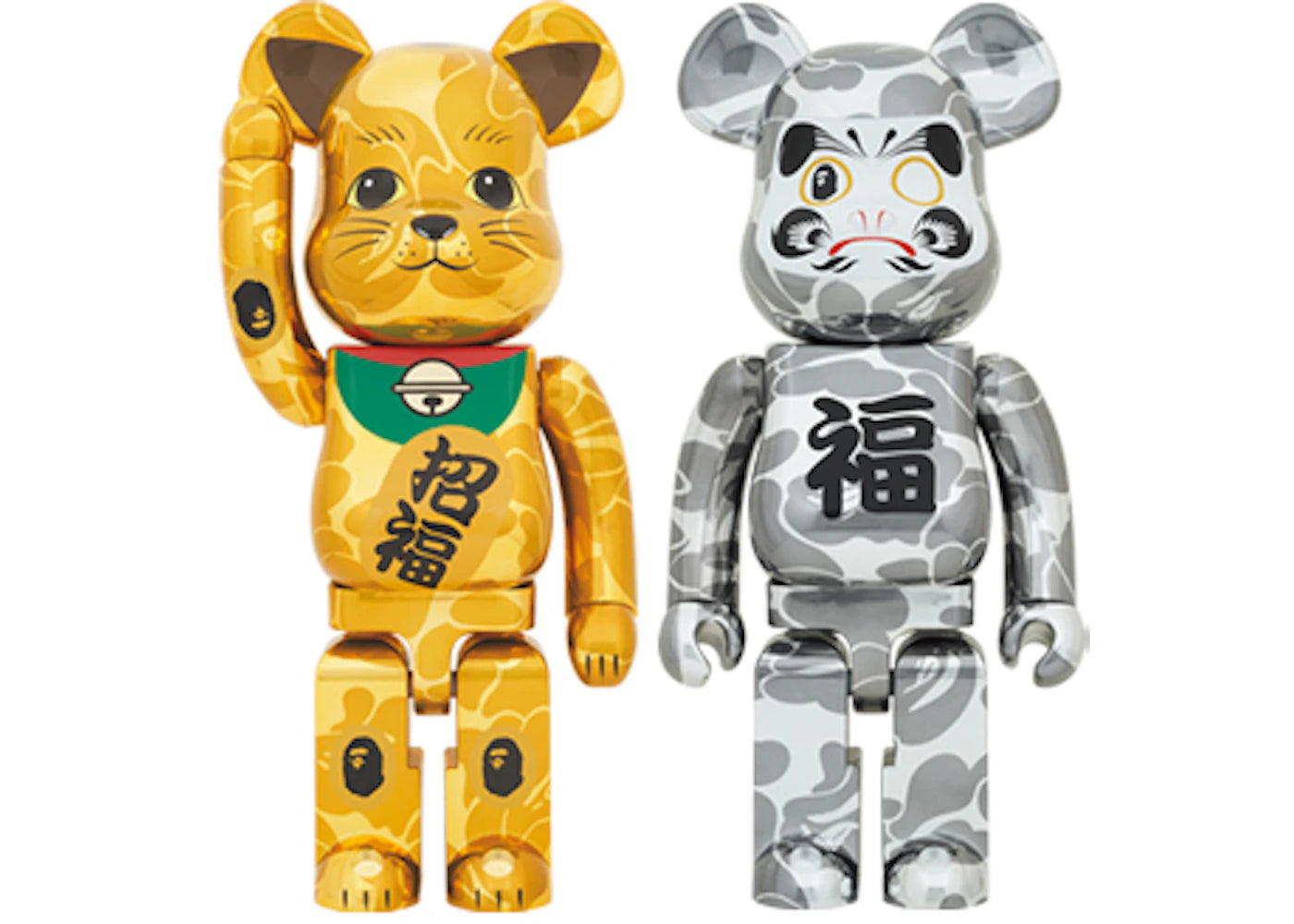 Bearbrick x BAPE Maneki Neko & Daruma 1000% 2x Set Gold & Silver Plated