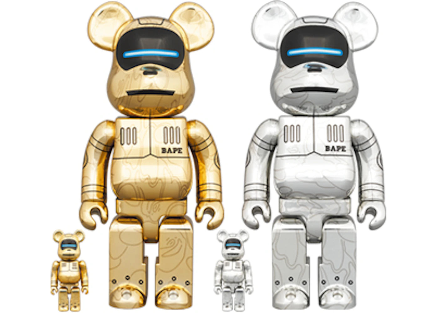 Bearbrick x BAPE x Hajime Sorayama Baby Milo 100% & 400% 4x Set Gold/Silver