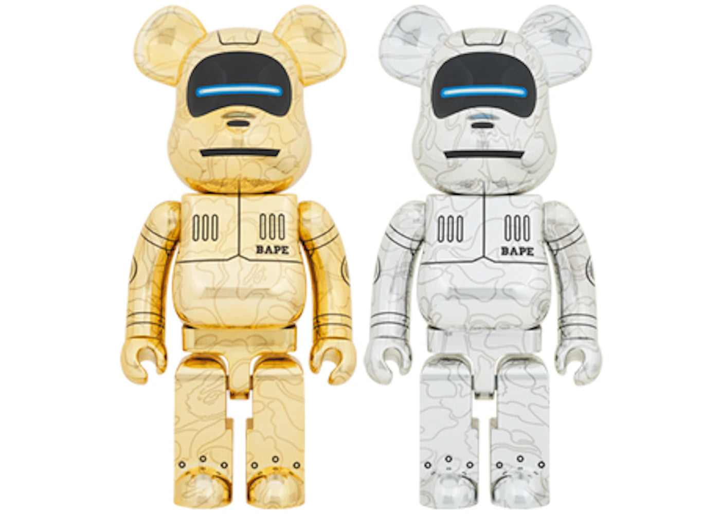 Bearbrick x BAPE x Hajime Sorayama Baby Milo 1000% 2x Set Gold/Silver