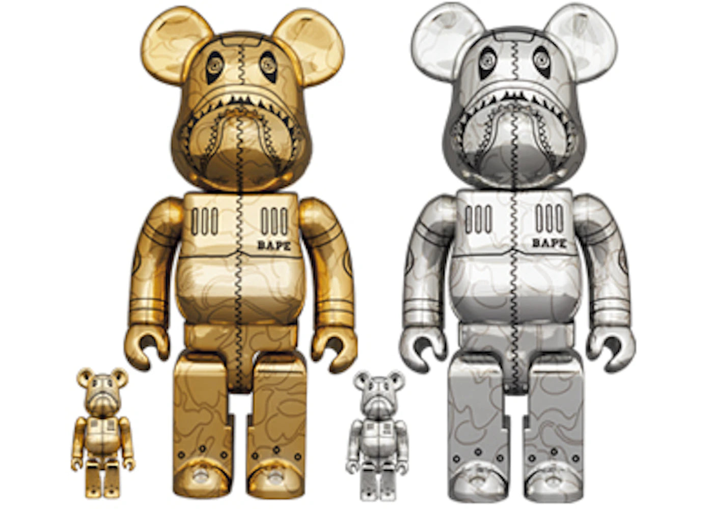 Bearbrick x BAPE x Hajime Sorayama Camo Shark 100% & 400% 4-Pc Set Gold & Silver