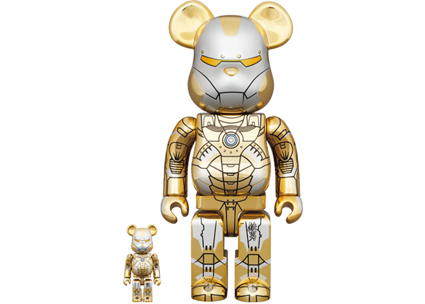 Bearbrick x Hajime Sorayama x Marvel Iron Man Reverse 100% & 400% Set Gold/Silver