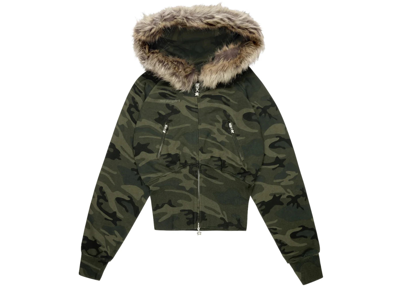 Broken Planet Faux Fur Zip-Up Hoodie Green Star Camo
