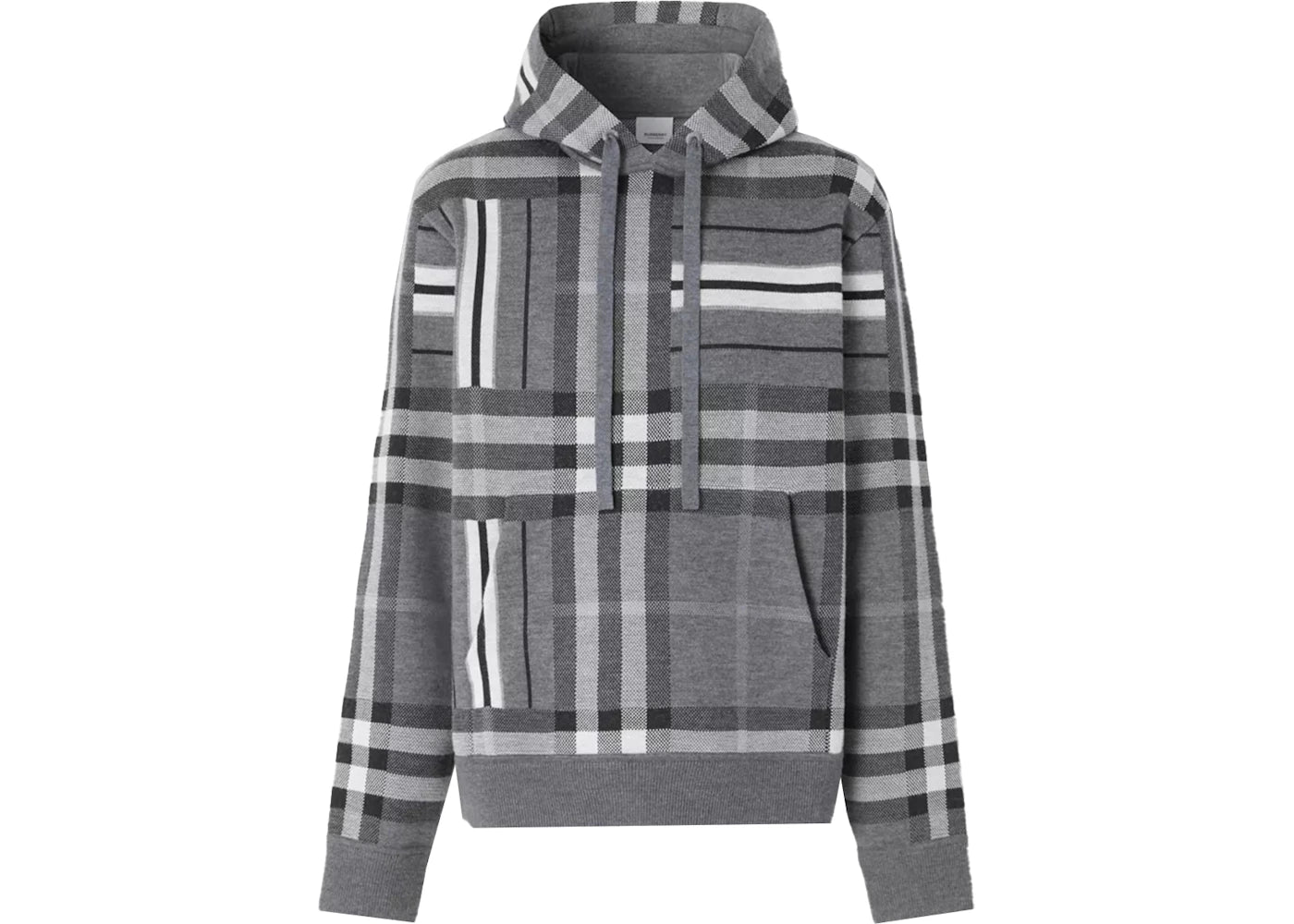 Burberry Check And Stripe Wool Blend Jacquard Hoodie Dark Grey Melange