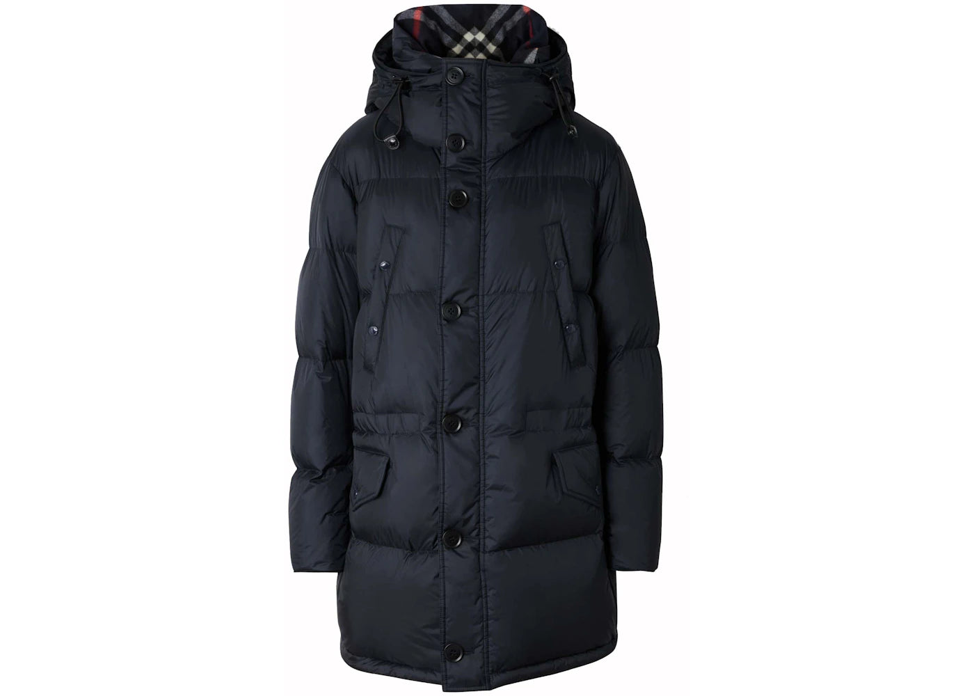 Burberry Check Hooded Puffer Long Down Jacket Navy