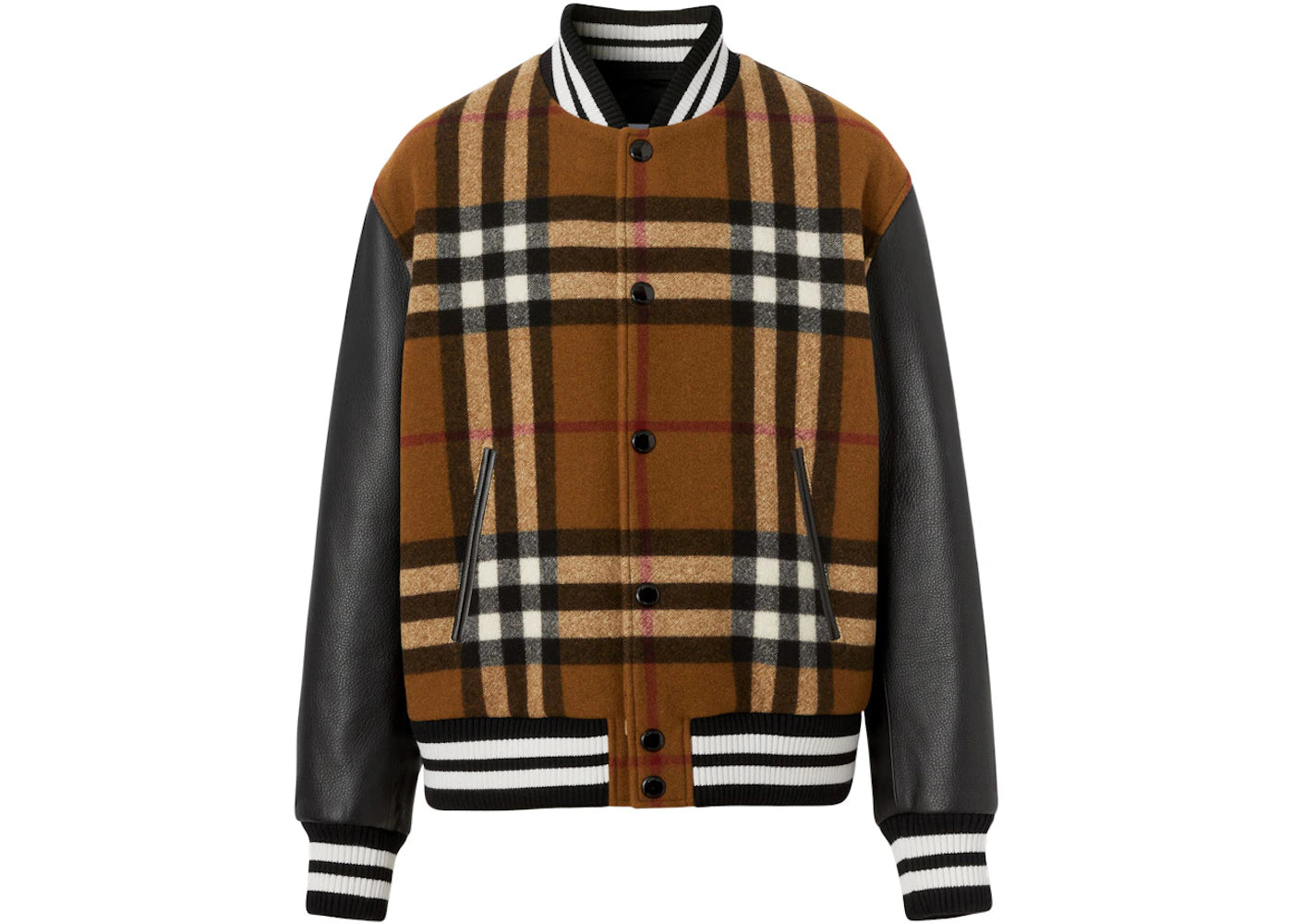 Burberry Check Technical Wool And Leather Bomber Jacket Birch Brown