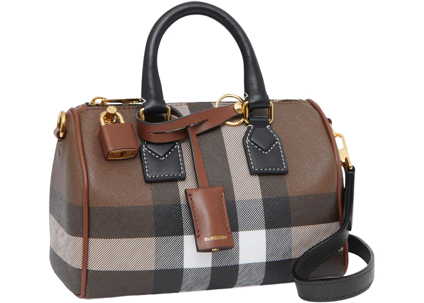 Burberry Check and Leather Bowling Bag Mini Dark Birch Brown