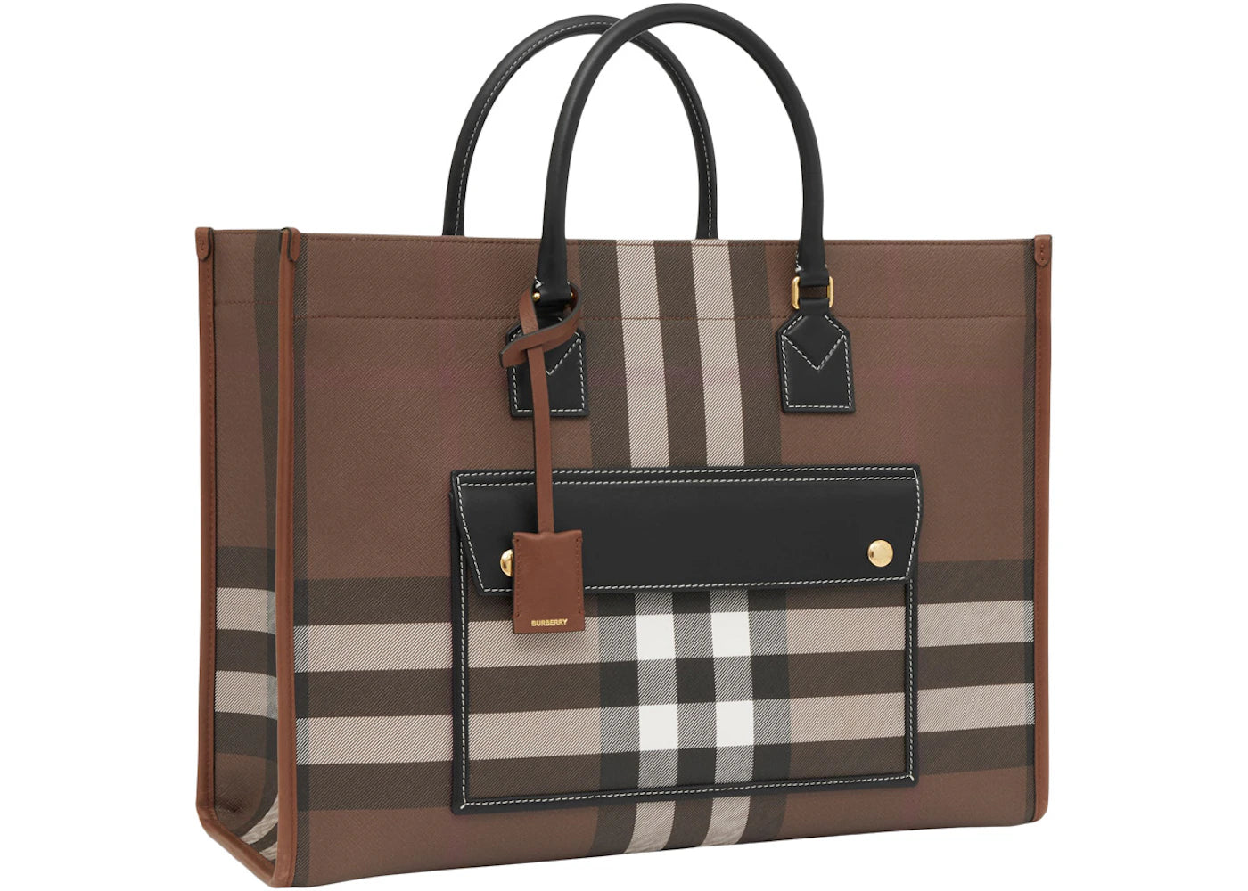 Burberry Check and Leather Freya Tote Bag Medium Dark Birch Brown