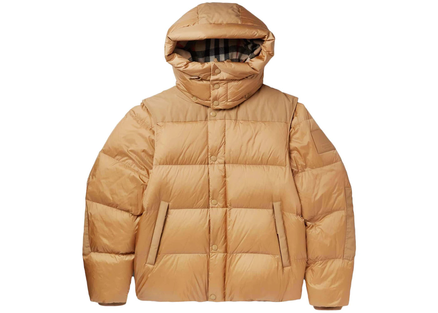 Burberry Detachable Sleeve Check Hooded Puffer Jacket Honey