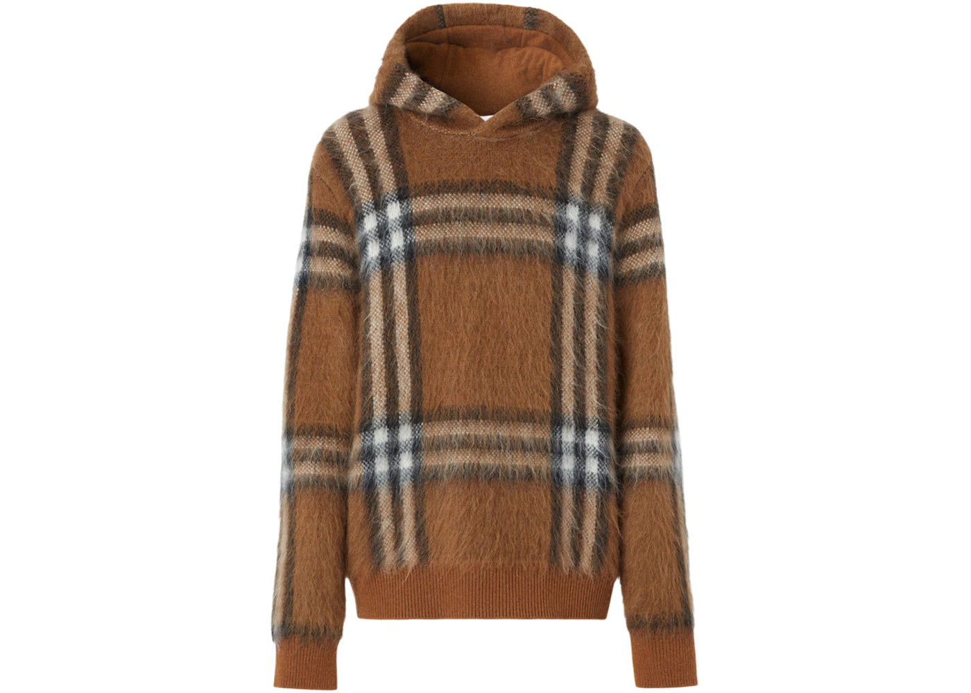 Burberry Exaggerated Check Wool Mohair Blend Hoodie Dark Birch Brown