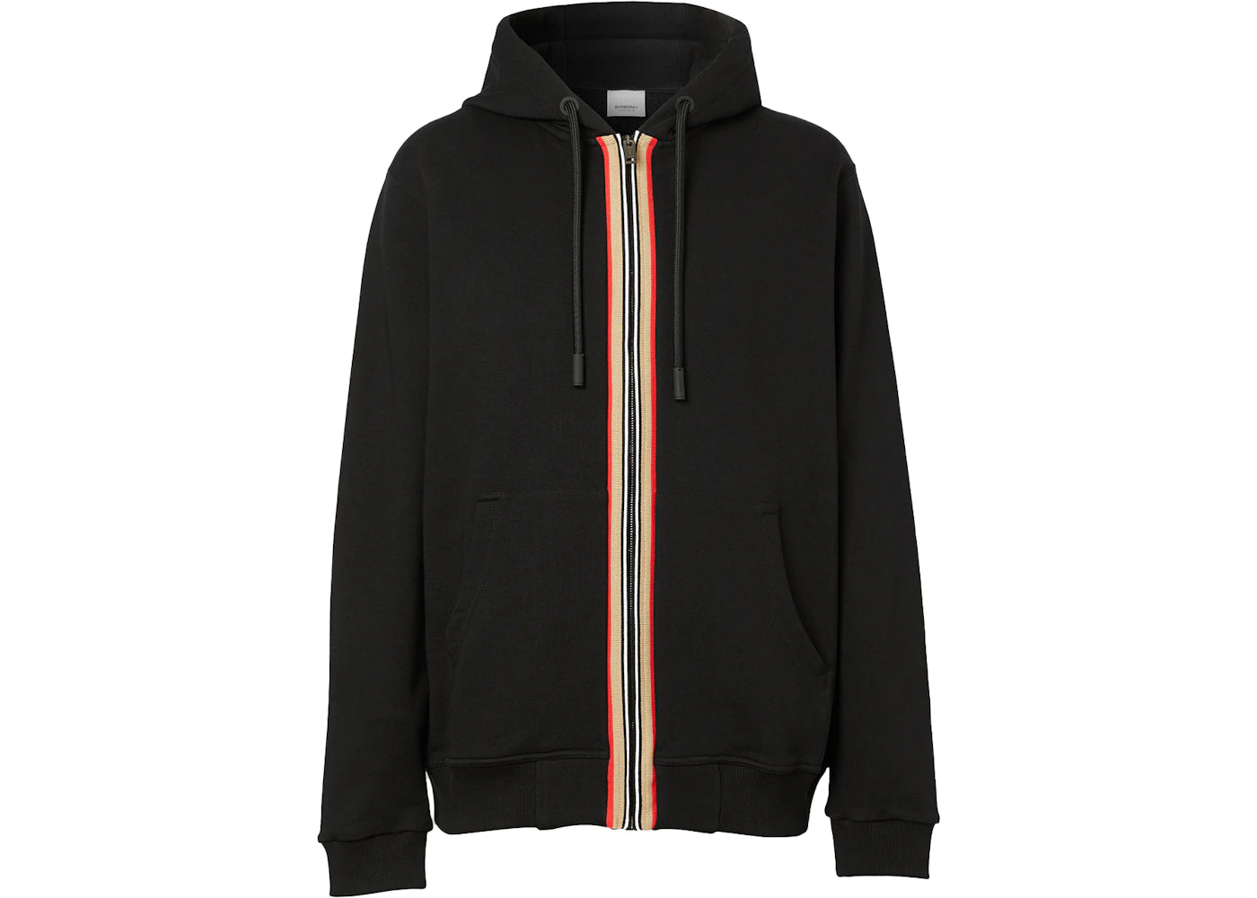 Burberry Icon Stripe Detail Cotton Zip-Front Hooded Sweatshirt Black/Beige