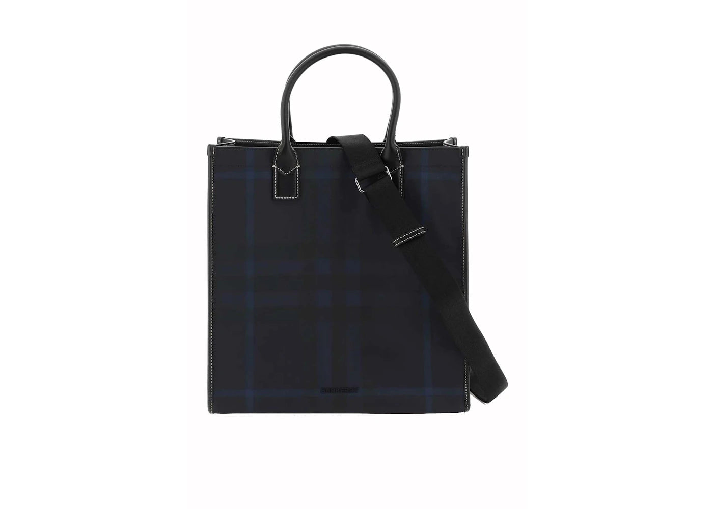 Burberry Logo Plaque Checked Tote Navy